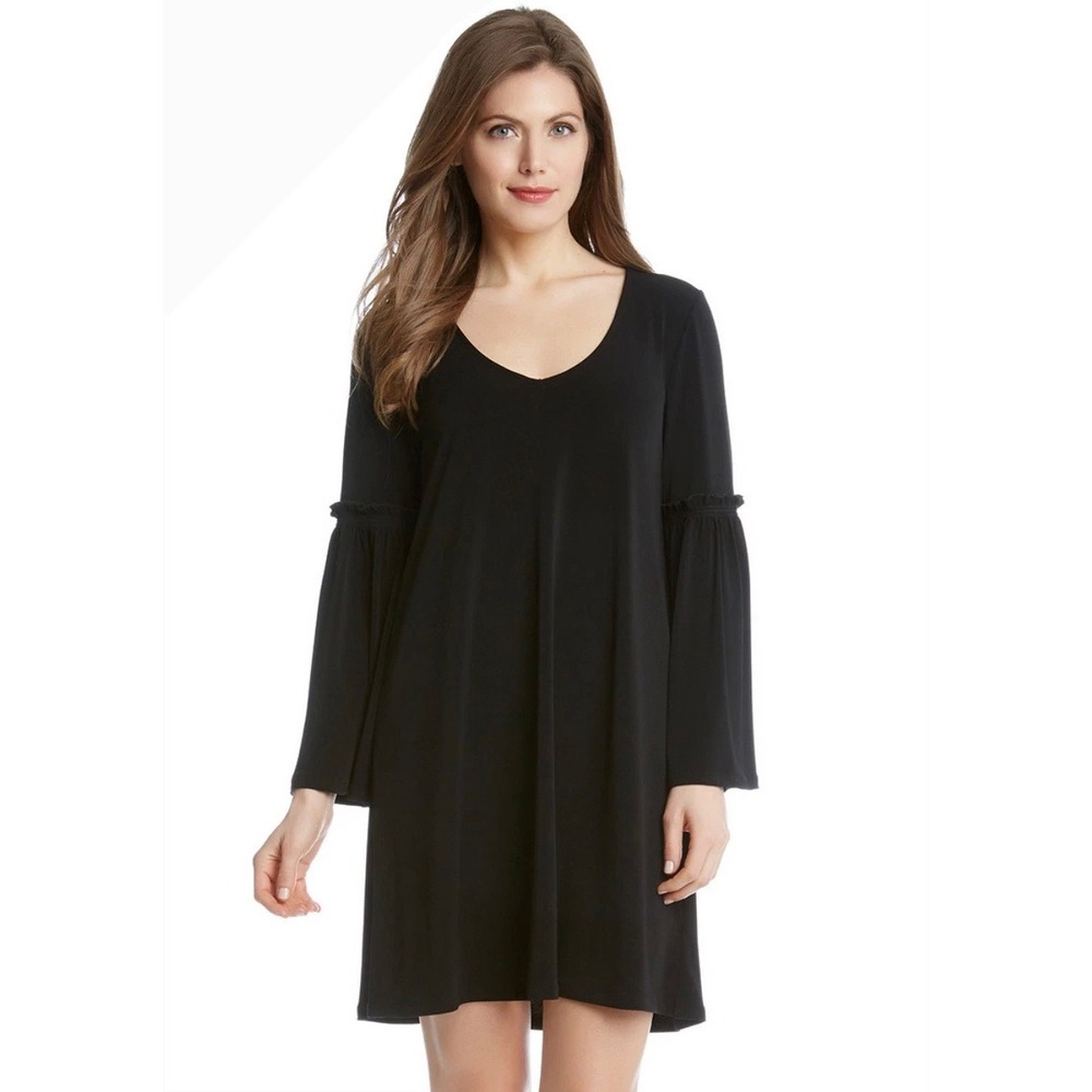 Karen Kane Black Bell Sleeve V-Neck Shift Dress L43541 Made in USA Womens XS